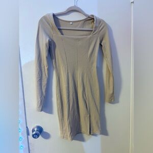 Cream Ribbed Bodycon Dress with Square Neck